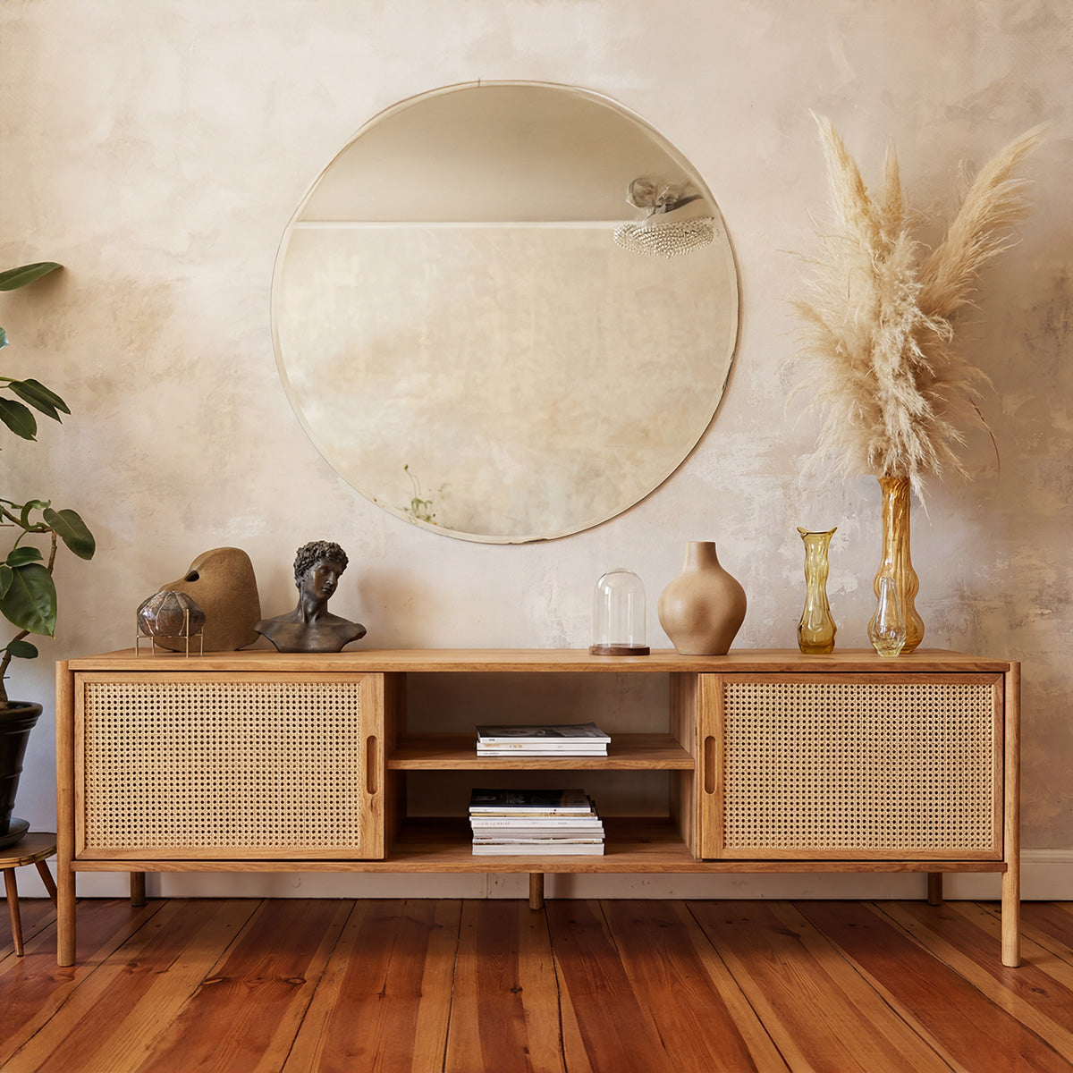 Meuble TV 204 cm 2 portes - Bois massif hêtre et rotin - SOGNO