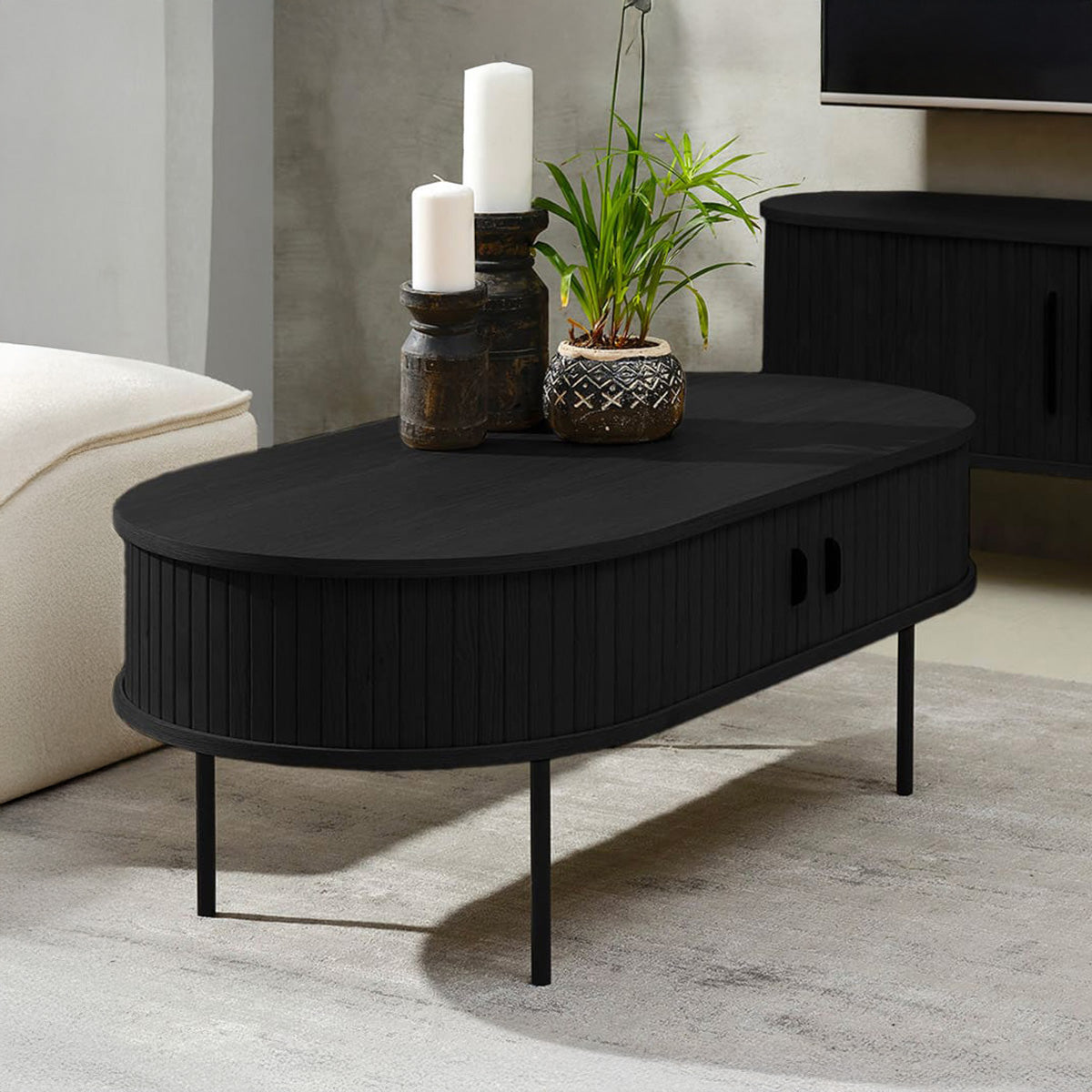 Table basse ovale 120 cm 2 portes - Bois - ALBA