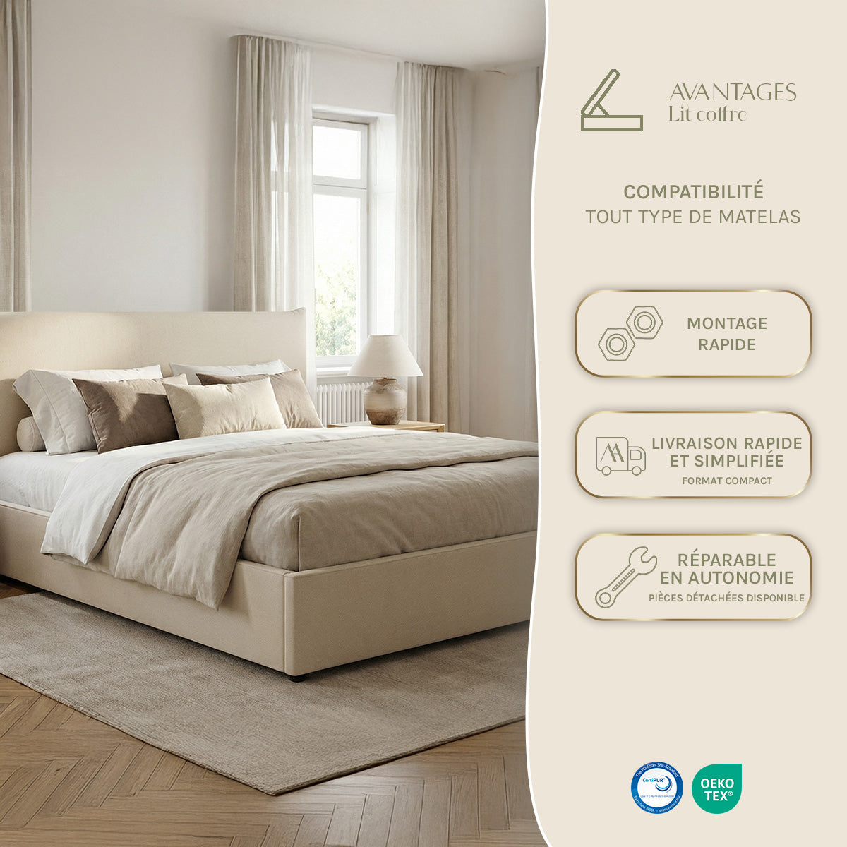 Lit coffre - Effet lin beige - OPÉRA