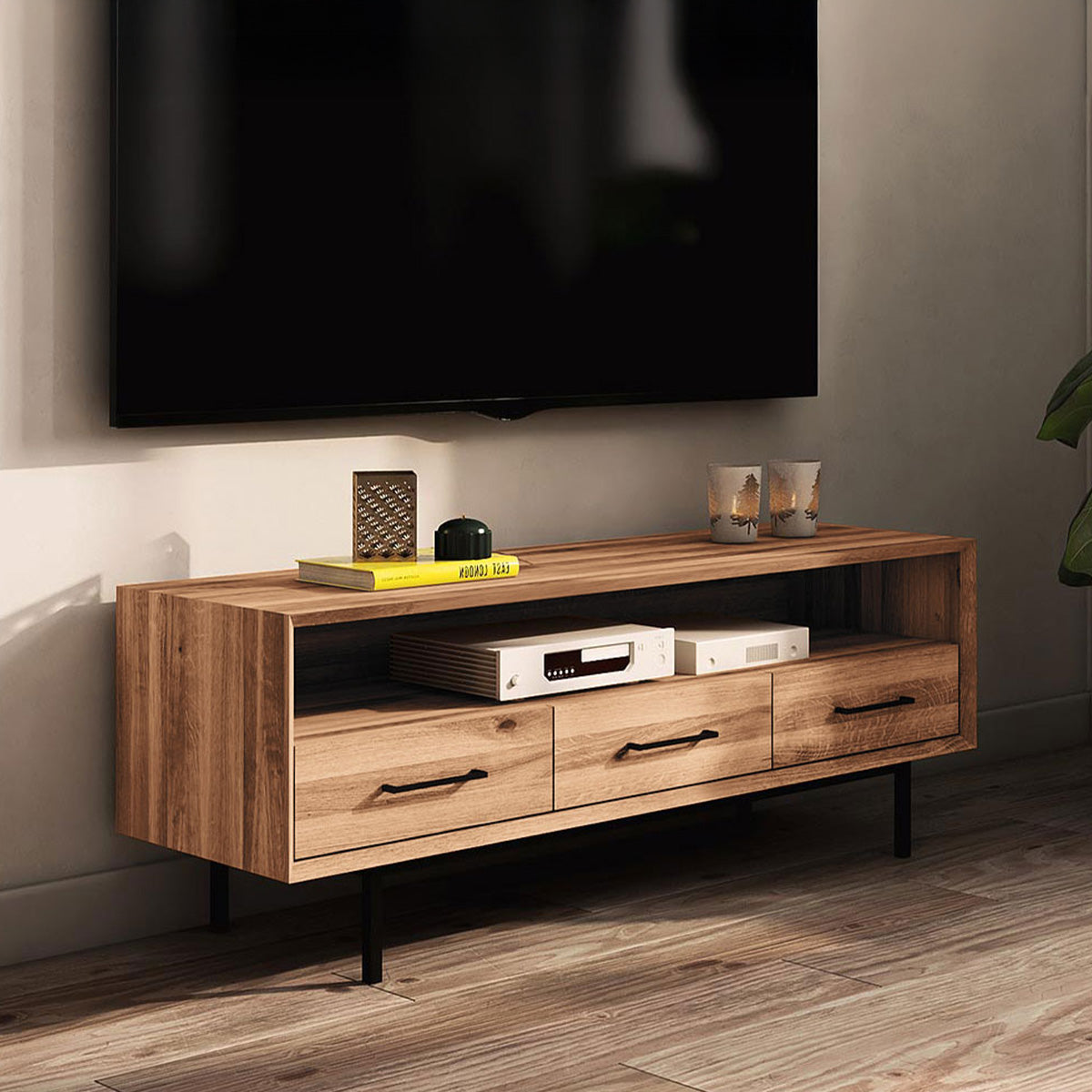 Meuble TV 144 cm 3 tiroirs - Bois massif hêtre - PAOLA