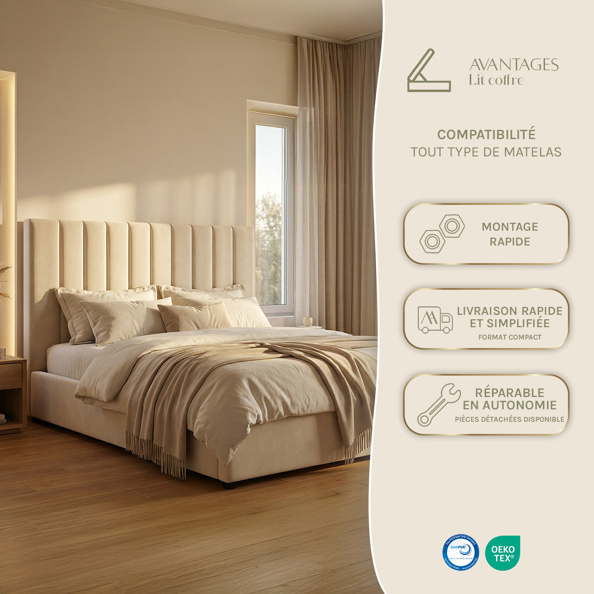 Lit coffre - Velours beige - GIULIA
