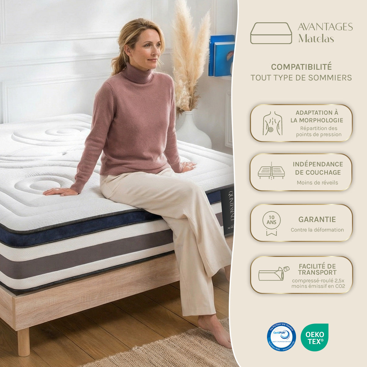 Ensemble literie QUINTESSENCE + accessoires - 30 cm d'épaisseur - Accueil moelleux, soutien ferme