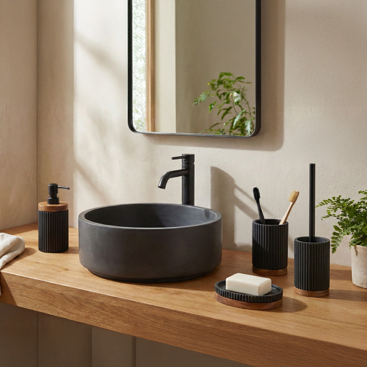 Brosse WC - Résine noire et bois - LAGO