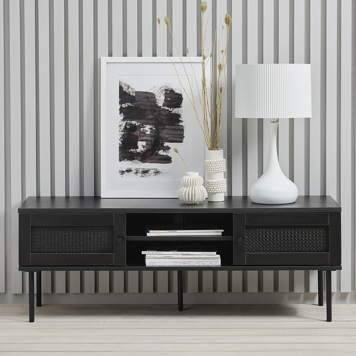 Meuble TV 120 cm 2 portes - Bois et cannage noirs - MANAROLA