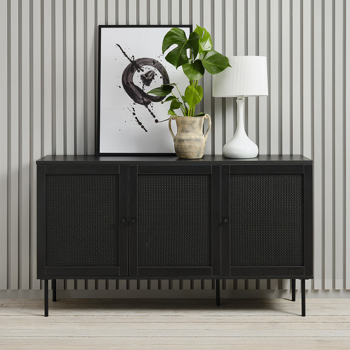 Buffet 140 cm 3 portes - Bois et cannage noirs - MANAROLA