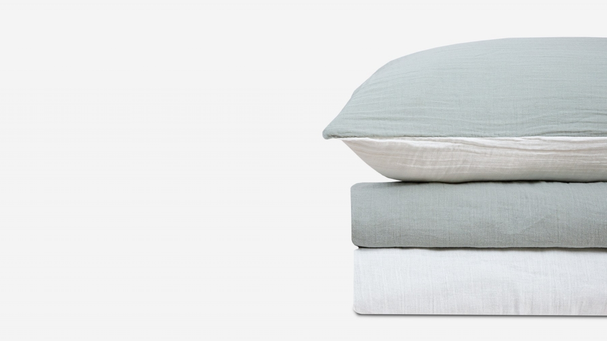 Parure de lit - Gaze de coton - Vert sauge/écru - NOÉ - Pour lit 160 cm