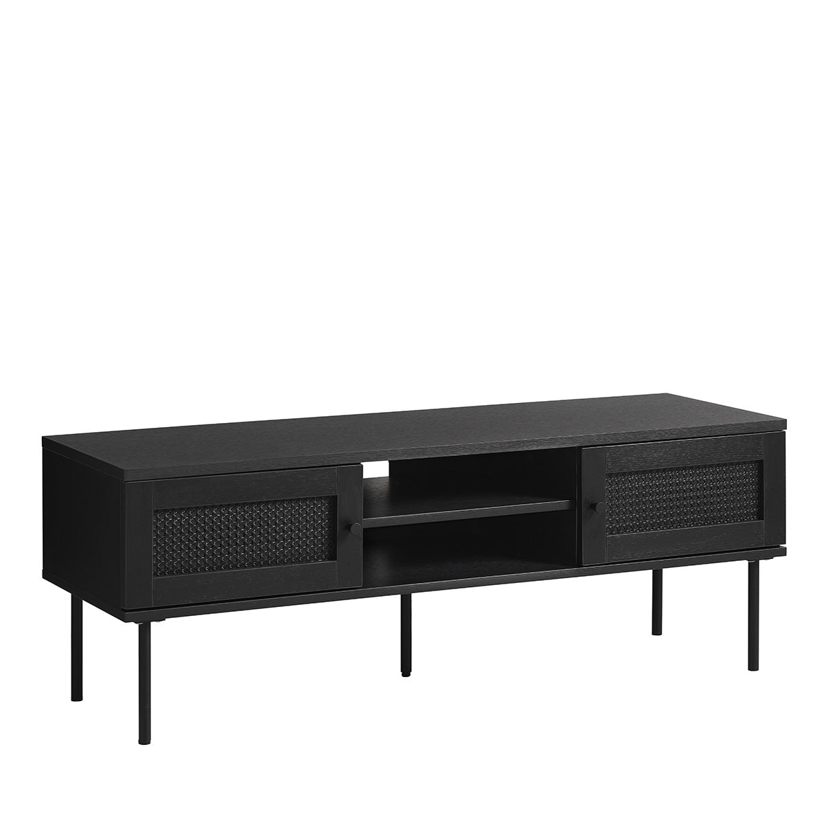 Meuble TV 120 cm 2 portes - Bois et cannage noirs - MANAROLA