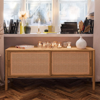Meuble bas 142 cm 2 portes - Bois massif hêtre et rotin - SOGNO