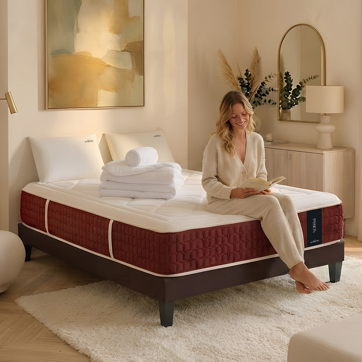 Ensemble Matelas+sommier Ressorts PASSION + accessoires - 32 cm d'épaisseur - Accueil moelleux, soutien ferme