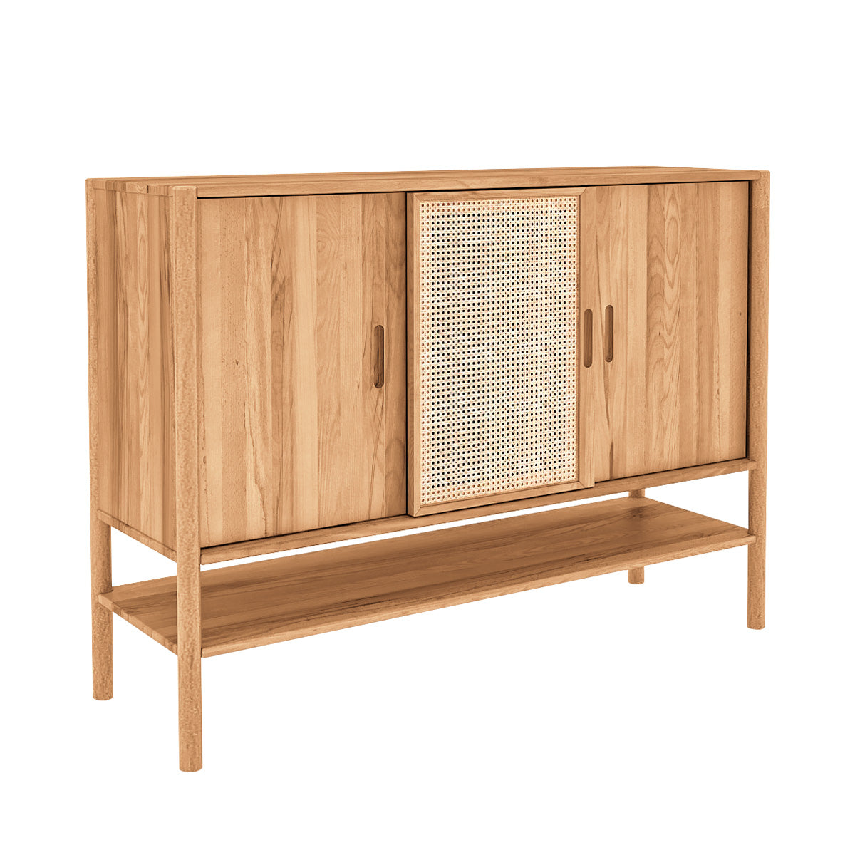 Buffet 142 cm 3 portes - Bois massif hêtre et rotin - SOGNO