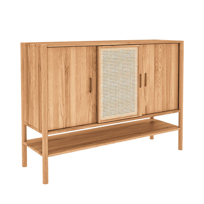Buffet 142 cm 3 portes - Bois massif hêtre et rotin - SOGNO