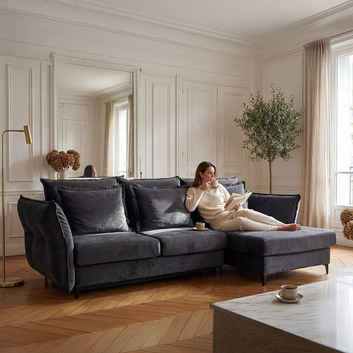 Canapé d'angle convertible - 3 places - Velours - VERDURO