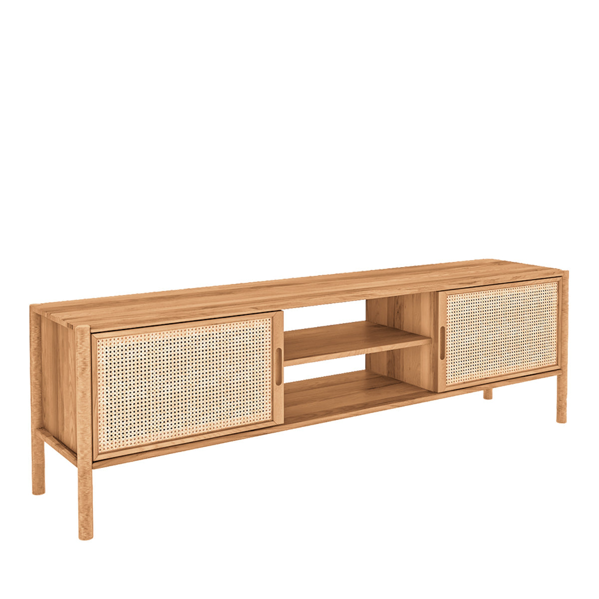 Meuble TV 204 cm 2 portes - Bois massif hêtre et rotin - SOGNO