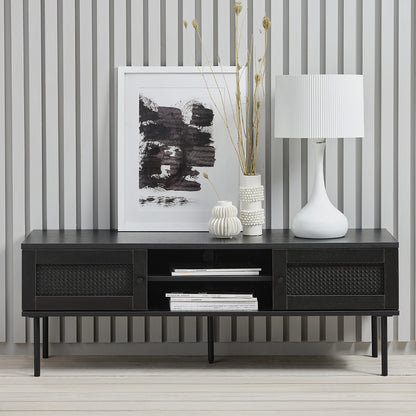 Meuble TV 120 cm 2 portes - Bois et cannage noirs - MANAROLA