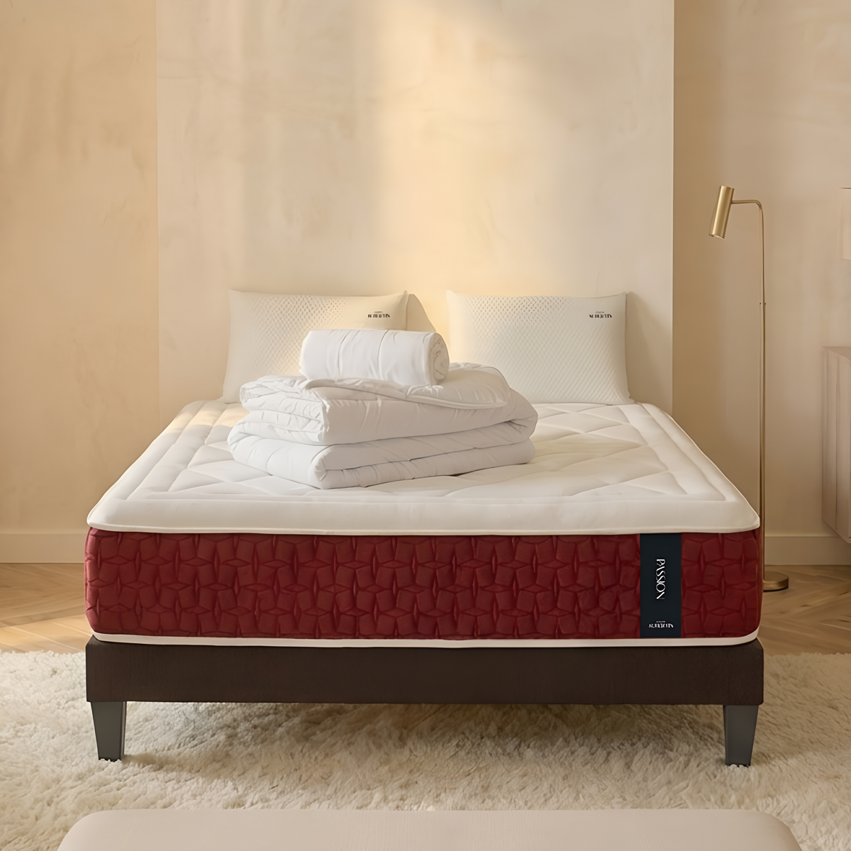 Ensemble Matelas+sommier Ressorts PASSION + accessoires - 32 cm d'épaisseur - Accueil moelleux, soutien ferme