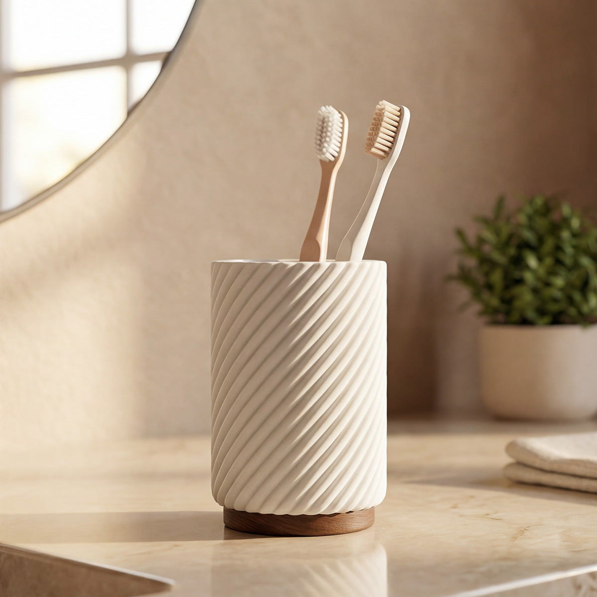 Pot brosse à dents - Résine blanche et bois - ASCOLI
