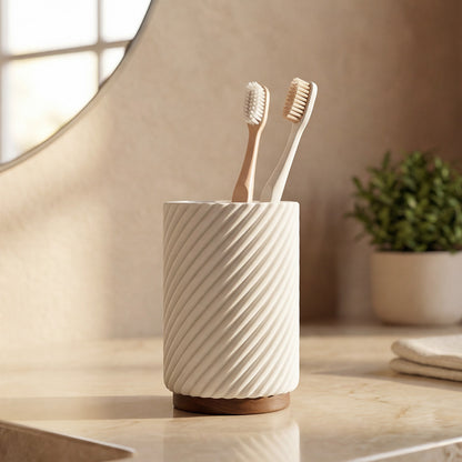 Pot brosse à dents - Résine blanche et bois - ASCOLI