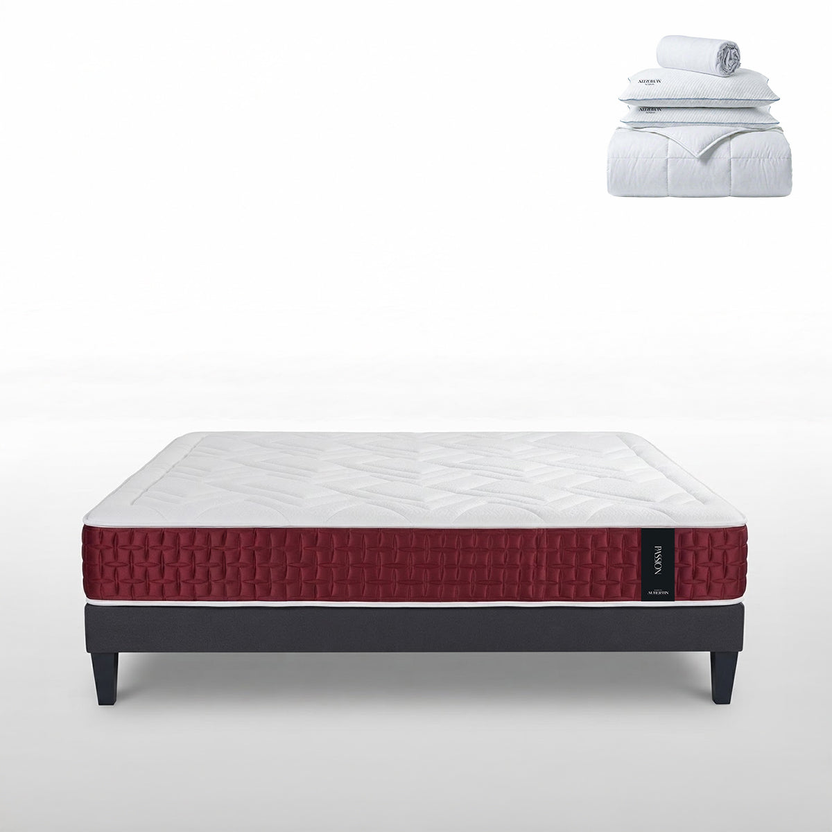 Ensemble Matelas+sommier Ressorts PASSION + accessoires - 32 cm d'épaisseur - Accueil moelleux, soutien ferme