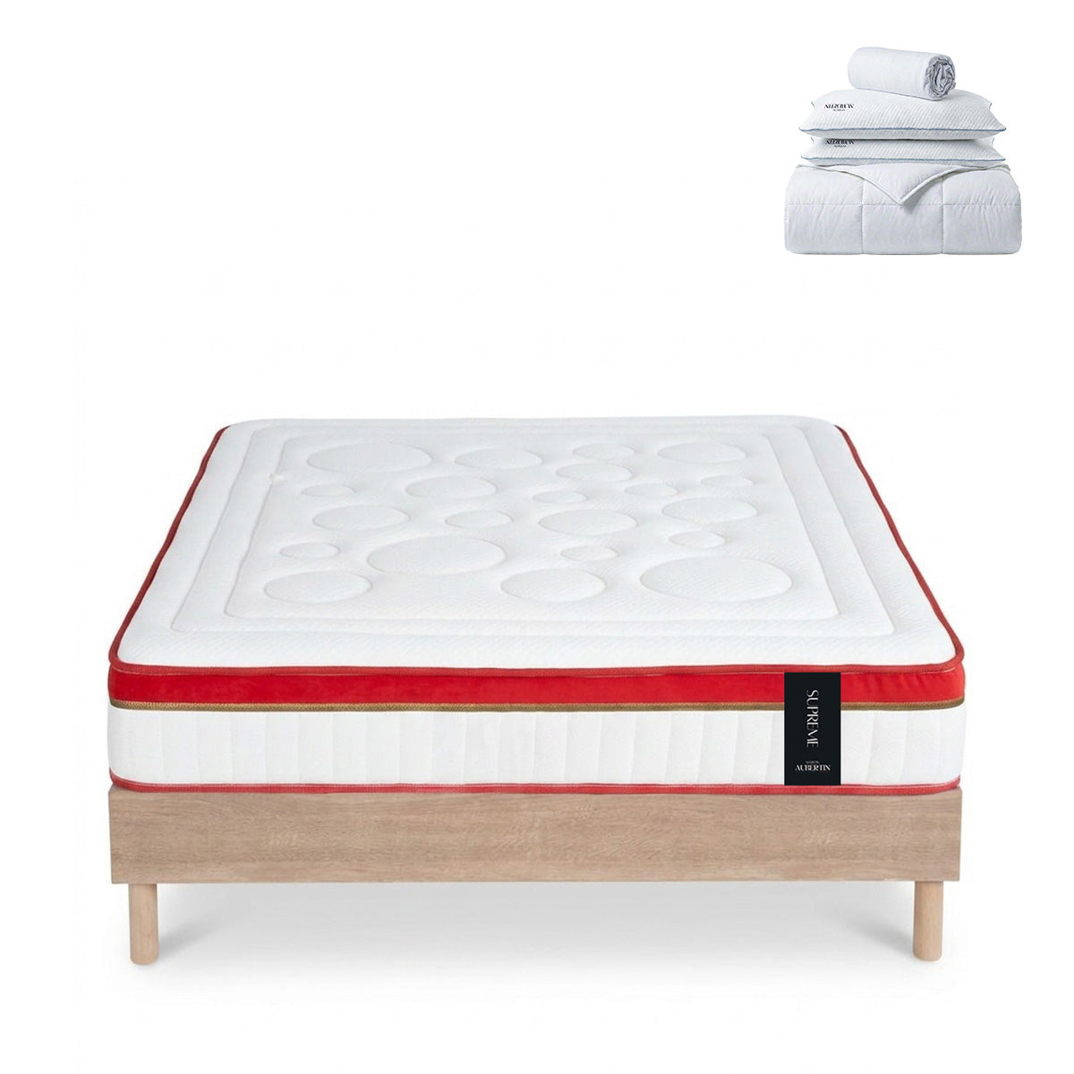 Ensemble Suprême + sommier bois + accessoires - Mousse HD mémoire - Ép. 24 cm - Accueil ferme, soutien ferme