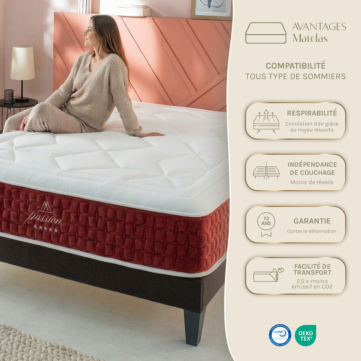 Matelas Ressorts ensachés et Mémoire de forme - 32 cm - PASSION