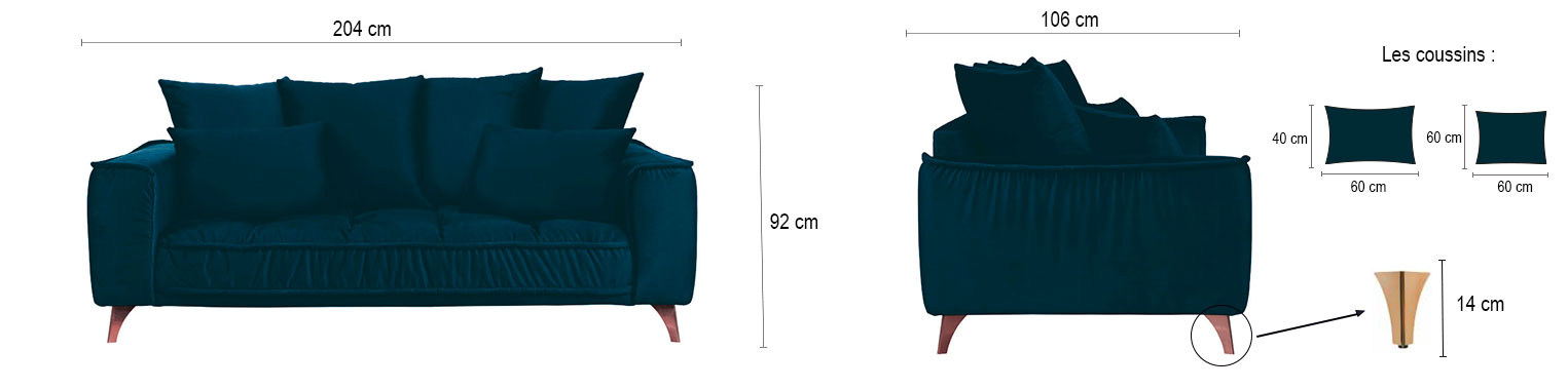 DESCRIPTIF TAILLE ALTAMO DROIT 2 PLACES VELOURS PREMIUM