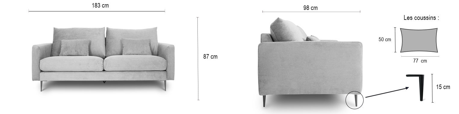 DESCRIPTIF TAILLE CARUSO 2 PLACES VELOURS CÔTELÉ