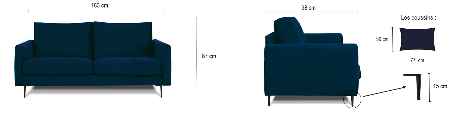 DESCRIPTIF TAILLE CARUSO DROIT 2 PLACES VELOURS PREMIUM