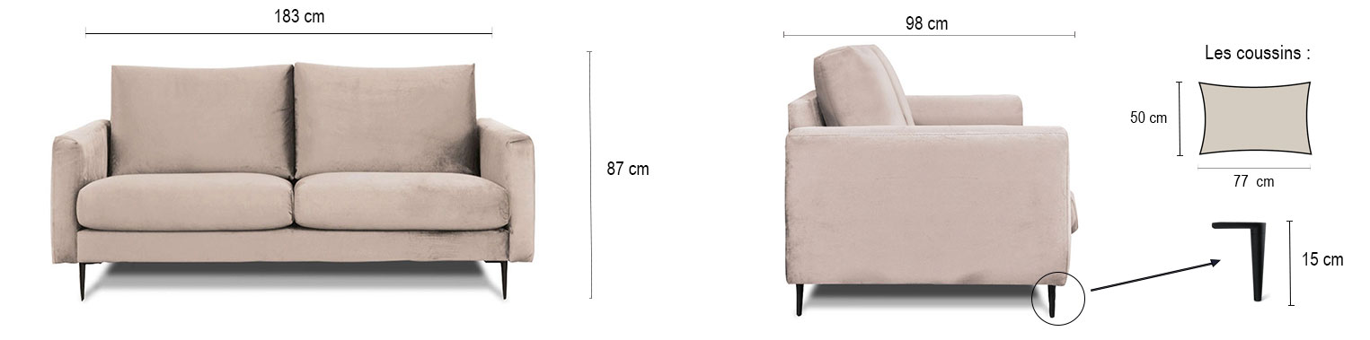 DESCRIPTIF TAILLE CARUSO DROIT 2 PLACES VELOURS