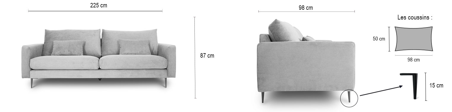 DESCRIPTIF TAILLE CARUSO 3 PLACES VELOURS CÔTELÉ