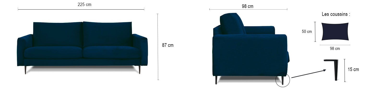 DESCRIPTIF TAILLE CARUSO DROIT 3 PLACES VELOURS PREMIUM